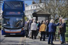 9A bus arriving at The Triangle Sidmouth GM5 P1220562.jpg