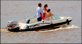 Small power boat passing Topsham Quay D600 210714_4853.JPG